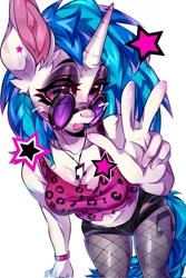 Size: 1365x2048 | Tagged: suggestive, alternate version, artist:v4mpy_kitt3n, derpibooru import, vinyl scratch, anthro, unicorn, g4, breasts, cleavage, clothes, exposed belly, female, fishnet clothing, fishnets, horn, image, jewelry, jpeg, necklace, peace sign, simple background, socks, solo, stockings, thigh highs, vinyl's glasses, white background