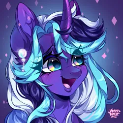 Size: 2000x2000 | Tagged: safe, artist:v4mpy_kitt3n, derpibooru import, oc, unofficial characters only, pony, unicorn, abstract background, blushing, bust, commission, curved horn, eye clipping through hair, eyebrows, eyebrows visible through hair, female, horn, image, jewelry, jpeg, mare, necklace, open mouth, open smile, portrait, smiling, solo