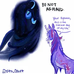 Size: 1500x1500 | Tagged: safe, artist:sto_court, derpibooru import, nightmare moon, twilight sparkle, alicorn, pony, unicorn, g4, alternate design, be not afraid, curved horn, dialogue, duo, facial hair, female, goatee, helmet, horn, image, jpeg, mare, simple background, speech bubble, twitterina design, unicorn twilight, white background