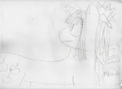Size: 2048x1488 | Tagged: safe, artist:zncoart, ponerpics import, oc, oc:pomm, unofficial characters only, pony, unicorn, cigarette, cutie mark, female, image, jpeg, looking over shoulder, mare, monochrome, paper, photo, sketch, solo, tied mane