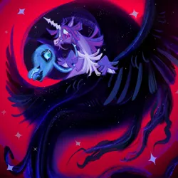 Size: 1500x1500 | Tagged: safe, artist:sto_court, derpibooru import, nightmare moon, twilight sparkle, alicorn, pony, unicorn, g4, chest fluff, curved horn, duo, facial hair, female, flying, goatee, horn, image, jpeg, mare, spread wings, unicorn twilight, unshorn fetlocks, wings