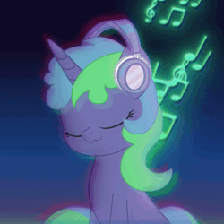 Size: 512x512 | Tagged: safe, artist:k. dale, derpibooru import, oc, unofficial characters only, pony, unicorn, animated, chromatic aberration, commission, female, gif, glow, gradient background, headphones, horn, image, mare, music notes, party soft, solo, unicorn oc, ych result