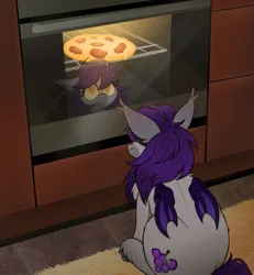 Size: 1845x2000 | Tagged: safe, artist:somestupidfrog, derpibooru import, oc, unofficial characters only, bat, bat pony, food, image, jpeg, oven, pizza, reflection, sitting, solo