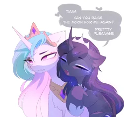 Size: 3901x3685 | Tagged: safe, artist:magnaluna, derpibooru import, princess celestia, princess luna, alicorn, pony, g4, chest fluff, crown, dialogue, duo, duo female, ear fluff, eyebrows, eyebrows visible through hair, eyes closed, female, grimace, heart, hoof shoes, horn, image, jewelry, long mane, mare, open mouth, peytral, png, princess shoes, regalia, speech bubble, unamused