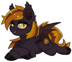 Size: 466x401 | Tagged: safe, artist:heartcade, derpibooru import, oc, oc:burnout, unofficial characters only, bat pony, pony, aside glance, bags under eyes, bat ears, bat pony oc, bat wings, black coat, black hooves, blonde mane, blonde tail, chest fluff, crossed hooves, ear fluff, fangs, female, full body, grin, image, leg fluff, lidded eyes, looking at you, lying down, mare, mare oc, outline, pixel-crisp art, png, prone, shiny hooves, shiny mane, shiny tail, sideways glance, signature, simple background, slit pupils, smiling, smiling at you, solo, tail, three quarter view, three toned mane, three toned tail, transparent background, unshorn fetlocks, white outline, wings, yellow eyes