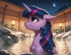 Size: 2088x1616 | Tagged: safe, ai content, machine learning generated, prompter:antedown, twilight sparkle, twilight sparkle (alicorn), alicorn, pony, g4, ai composition, canterlot, dripping water, female, generator:pony diffusion v6 xl, horn, hot springs, image, lantern, looking up, mare, moon, mountain, night, onsen, partially submerged, plant, png, reflection, ripples, side view, smiling, solo, stars, steam, stone, water, wet, wet body, wet hair, wet mane