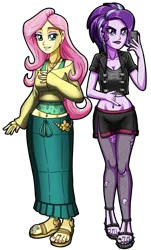 Size: 2176x3600 | Tagged: safe, artist:artemis-polara, derpibooru import, fluttershy, starlight glimmer, human, equestria girls, g4, alternate hairstyle, belly, belly button, belly piercing, bellyring, breasts, cleavage, clothes, commission, dress, image, jewelry, lipstick, mobile phone, nail polish, phone, piercing, png, reference in the description, ring, sandals, shorts, simple background, smiling, toe ring, transparent background