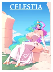 Size: 804x1080 | Tagged: suggestive, artist:n647, derpibooru import, princess celestia, human, g4, absolute cleavage, bare shoulders, big breasts, breasts, busty princess celestia, butt, castle, cleavage, clothes, crown, dress, ethereal hair, evening gloves, female, fingerless elbow gloves, fingerless gloves, gloves, grass, high heels, hoof shoes, huge breasts, humanized, image, impossibly large breasts, jewelry, long gloves, ocean, outdoors, pinup, png, praise the sun, princess shoes, regalia, royalty, ruins, shoes, side knot underwear, side slit, sitting, socks, solo, solo female, stockings, strapless, strapless dress, stupid sexy celestia, summer, sunbutt, thigh highs, thighs, thunder thighs, tiara, total sideslit, underwear, wasp waist, water