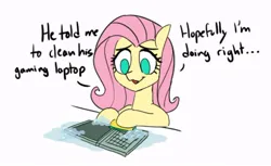 Size: 942x577 | Tagged: safe, artist:whitequartz08, derpibooru import, fluttershy, pegasus, pony, g4, cleaning, computer, dialogue, female, image, jpeg, laptop computer, mare, misunderstanding, pixelated, simple background, solo, sponge, this will end in tears, white background