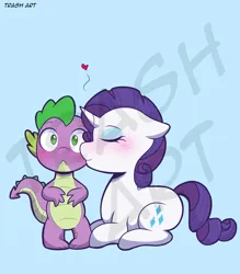 Size: 1791x2048 | Tagged: safe, artist:eltrash_art6, derpibooru import, rarity, spike, dragon, pony, unicorn, g4, blue background, blushing, cute, eyes closed, female, floating heart, heart, horn, image, jpeg, kiss on the cheek, kissing, male, shipping, signature, simple background, sparity, straight, tail, watermark