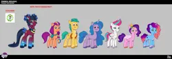 Size: 1739x601 | Tagged: safe, derpibooru import, official, hitch trailblazer, izzy moonbow, pipp petals, sunny starscout, zipp storm, cyborg, cyborg pony, earth pony, pegasus, pony, unicorn, g5, my little pony: tell your tale, spoiler:g5, spoiler:my little pony: tell your tale, .ai available, .svg available, alternate coat color, alternate cutie mark, alternate design, alternate hairstyle, alternate mane color, alternate style, applejack (g5), clothes, concave belly, concept art, female, fluttershy (g5), futuristic, hatsune miku, horn, image, male, mane five, mane six (g5), mare, misty brightdawn, pinkie pie (g5), png, rainbow dash (g5), rarity (g5), rebirth misty, reference sheet, royal sisters (g5), siblings, sisters, size difference, stallion, the petal gala, twilight sparkle (g5), unshorn fetlocks, vector, vocaloid, zinnea