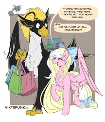 Size: 1306x1514 | Tagged: safe, artist:viktiipunk, derpibooru import, oc, oc:bay breeze, oc:ping wing, hippogriff, pegasus, pony, bag, bow, chest fluff, dialogue, duo, duo male and female, expensive, female, hair bow, hippogriff oc, image, male, mare, passepartout, pegasus oc, png, shopping, shopping bag, struggling, tail, tail bow, wings