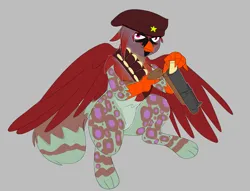 Size: 2009x1533 | Tagged: safe, artist:villegreen, derpibooru import, oc, unofficial characters only, bird, cardinal, gryphon, beret, female, fluffy tail, gray background, grenade launcher, griffon oc, hat, image, png, reloading, simple background, solo, tail, weapon