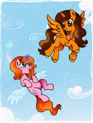 Size: 2250x3000 | Tagged: safe, artist:dariarchangel, derpibooru import, oc, oc:dazha, oc:jamboree heartbeats, unofficial characters only, alicorn, pony, unicorn, g4, :d, adorable face, alicorn oc, alicorn wings, artificial wings, augmented, belly, blue eyes, brown eyes, brown hair, brown mane, brown tail, cloud, cute, cute face, cute smile, duo, duo female, female, female oc, flying, friends, friendship, glow, glowing horn, hairband, happy, headphones around neck, horn, image, in the sky, leg fluff, long hair, long tail, looking at each other, looking at someone, magic, magic aura, magic wings, mare, mare oc, ocbetes, open mouth, open smile, orange coat, orange hair, orange mane, orange tail, physique difference, pink coat, png, pony oc, pony pals, sky, small horn, smiling, smiling at each other, sparkles, spread wings, sweet dreams fuel, tail, traditional art, transparent wings, two toned magic, unicorn oc, unshorn fetlocks, windswept tail, wings, yellow hooves