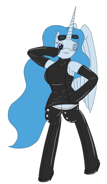 Size: 1461x2522 | Tagged: safe, artist:timejumper, derpibooru import, oc, oc:erudire, alicorn, anthro, boots, clothes, dress, evening gloves, gloves, image, leather, leather dress, long gloves, png, pose, shoes, simple background, solo, sunglasses, thigh boots, transparent background