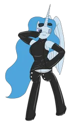 Size: 1461x2522 | Tagged: safe, artist:timejumper, derpibooru import, oc, oc:erudire, alicorn, anthro, boots, clothes, dress, evening gloves, gloves, image, leather, leather dress, long gloves, png, pose, shoes, simple background, solo, sunglasses, thigh boots, transparent background