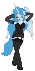 Size: 1639x3266 | Tagged: suggestive, artist:timejumper, derpibooru import, oc, oc:erudire, unofficial characters only, alicorn, anthro, clothes, evening gloves, garters, girdle, gloves, high heels, image, lingerie, long gloves, panties, png, see-through, shoes, simple background, socks, solo, stockings, thigh highs, transparent background, underwear