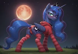 Size: 3840x2688 | Tagged: suggestive, ai content, derpibooru import, editor:inumbralunaest, prompter:inumbralunaest, princess luna, alicorn, pony, g4, ai composition, beautiful, bedroom eyes, blood moon, blushing, butt, cameltoe, clothes, dock, eclipse, eyeshadow, female, field, folded wings, glowing moon, grass, hoodie, image, jewelry, jpeg, long hair, lunar eclipse, makeup, midnight, moon, moonbutt, night, nudity, outdoors, panties, plot, presenting, rear view, regalia, sexy, socks, solo, solo female, standing, stars, stockings, striped socks, stupid sexy princess luna, sultry pose, sweater, tail, tail aside, tail hole, thigh highs, tree, underwear, wings