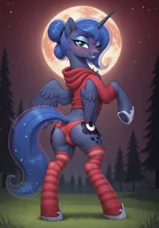 Size: 2688x3840 | Tagged: suggestive, ai content, derpibooru import, editor:inumbralunaest, prompter:inumbralunaest, princess luna, alicorn, pony, g4, ai composition, alternate hairstyle, anus, beautiful, bedroom eyes, bipedal, blood moon, blushing, butt, cameltoe, chest fluff, clothes, dock, eclipse, eyeshadow, female, field, folded wings, glowing moon, grass, hoodie, image, jpeg, long hair, lunar eclipse, makeup, midnight, moon, moonbutt, night, nudity, outdoors, panties, plot, ponut, presenting, rear view, sexy, socks, solo, solo female, standing, stars, stockings, striped socks, stupid sexy princess luna, sultry pose, sweater, tail, tail aside, tail hole, thigh highs, tree, underwear, wings