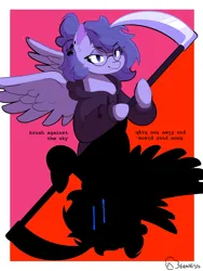 Size: 3072x4096 | Tagged: safe, artist:beenesque, derpibooru import, oc, oc:creekflow, oc:vylet, unofficial characters only, pegasus, pony, carousel (an examination of the shadow creekflow and its life as an afterthought), clothes, duo, duo female, female, glasses, hoodie, image, lyrics, lyrics in the description, passepartout, pegasus oc, png, scythe, shadow, spread wings, text, vylet pony, wings