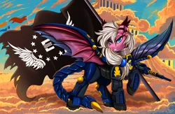 Size: 3120x2031 | Tagged: safe, artist:pridark, derpibooru import, oc, unofficial characters only, bat pony, pony, fallout equestria, armor, cloudsdale, enclave, enclave armor, fallout, female, flag, image, mare, png, smiling, solo