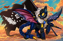 Size: 3120x2031 | Tagged: safe, artist:pridark, derpibooru import, oc, unofficial characters only, pony, fallout equestria, armor, enclave, enclave armor, flag, helmet, image, png, solo, wings