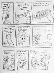 Size: 1497x2048 | Tagged: safe, artist:pony quarantine, derpibooru import, oc, oc:milly, oc:wheat berry, unofficial characters only, earth pony, pony, bagel, bread, comic, comic strip, dialogue, female, food, hair over eyes, image, jpeg, male, mare, pencil drawing, pun, stallion, traditional art, trio