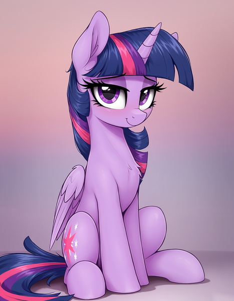 Size: 1314x1688 | Tagged: safe, generator:zoinksnoob, machine learning generated, prompter:ramprover, twilight sparkle, twilight sparkle (alicorn), alicorn, pony, g4, female, gradient background, horn, image, looking at you, mare, png, sitting, solo, wings