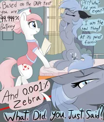 Size: 3000x3500 | Tagged: safe, artist:local sugar provider, derpibooru import, nurse redheart, oc, oc:evening silvershade, bat pony, earth pony, pony, g4, 2 panel comic, angry, bat pony oc, bat wings, bed, black ears, close-up, clothes, comic, curtains, cute, derpibooru exclusive, dna test, duo, duo female, ego, eyes closed, female, floppy ears, hat, holding, holding paper, hospital bed, image, implied zebra, indoors, mare, meme, notepad, nurse, nurse hat, nurse outfit, oh no, png, proud, raised head, raised hoof, sitting, smiling, speech bubble, spread wings, standing, tail, talking, text, triggered, window, wings, zoomed in