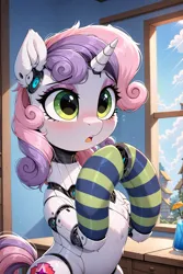 Size: 4608x6912 | Tagged: safe, generator:zoinksnoob, machine learning generated, prompter:thedaren666, stable diffusion, sweetie belle, pony, robot, robot pony, unicorn, g4, clothes, cloud, confused, day, ear fluff, eyebrows, eyebrows visible through hair, female, filly, fluffy, foal, horn, image, indoors, jpeg, open mouth, sky, socks, solo, striped socks, sweetie bot, window