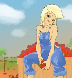 Size: 2370x2562 | Tagged: suggestive, artist:u_to.01, derpibooru import, applejack, human, equestria girls, g4, apple, breasts, busty applejack, clothes, female, food, green eyes, image, jpeg, my little pony equestria girls: better together, overalls, sexy, simple background, solo, solo female, tongue out, underwear