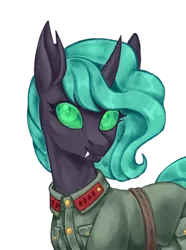 Size: 1560x2100 | Tagged: safe, artist:mr.catfish, derpibooru import, oc, oc:mighty soul, unofficial characters only, changeling, pony, equestria at war mod, bust, clothes, communism, eaw redux, female, female changeling, green changeling, green eyes, image, mare, military uniform, png, portrait, stalliongrad, uniform