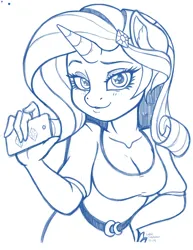 Size: 2550x3300 | Tagged: safe, artist:latecustomer, derpibooru import, rarity, anthro, pony, unicorn, g4, belt, breasts, bust, busty rarity, cleavage, clothes, ear fluff, female, heart, heart eyes, high res, horn, image, looking at you, mare, mobile phone, monochrome, phone, png, simple background, sketch, smartphone, smiling, smiling at you, solo, white background, wingding eyes