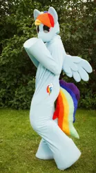 Size: 828x1487 | Tagged: safe, artist:tinderboxer, derpibooru import, rainbow dash, g4, fursuit, image, irl, jpeg, outdoors, photo, ponysuit, solo