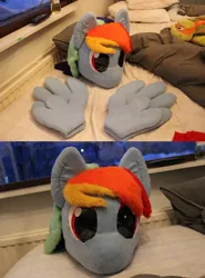 Size: 827x1116 | Tagged: safe, artist:tinderboxer, derpibooru import, rainbow dash, g4, fursuit head, image, irl, jpeg, outdoors, photo, ponysuit, solo, wip