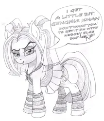 Size: 2013x2349 | Tagged: safe, artist:ciaran, derpibooru import, aria blaze, ponified, earth pony, pony, equestria girls, g4, derpibooru exclusive, disguise, disguised siren, equestria girls ponified, eye clipping through hair, eyebrows, eyebrows visible through hair, eyeshadow, female, gem, gritted teeth, hairpin, hooves, image, jewelry, long mane, looking at you, makeup, monochrome, my little pony equestria girls: rainbow rocks, necklace, pencil drawing, pigtails, png, simple background, siren gem, smiling, smiling at you, solo, speech bubble, talking, teeth, traditional art, white background, wip