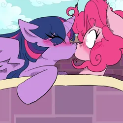 Size: 1600x1600 | Tagged: safe, artist:rubyjakewillton, derpibooru import, pinkie pie, twilight sparkle, twilight sparkle (alicorn), alicorn, earth pony, pony, g4, blushing, bridge, duo, duo female, eyes closed, female, horn, image, kiss on the lips, kissing, lesbian, mare, png, shipping, surprise kiss, twinkie, wings