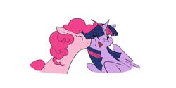 Size: 1600x800 | Tagged: safe, artist:rubyjakewillton, derpibooru import, pinkie pie, twilight sparkle, twilight sparkle (alicorn), alicorn, earth pony, pony, g4, animated, cheek squish, duo, duo female, female, gif, horn, image, kiss on the cheek, kissing, lesbian, loop, mare, shipping, simple background, squishy cheeks, twinkie, white background, wings