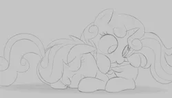 Size: 2211x1269 | Tagged: safe, artist:dtcx97, derpibooru import, scootaloo, sweetie belle, pegasus, pony, unicorn, g4, duo, duo female, eyes closed, female, females only, filly, foal, grooming, horn, image, lying down, monochrome, png, preening, prone, sketch, smiling, wings