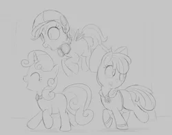 Size: 2484x1950 | Tagged: safe, artist:dtcx97, derpibooru import, apple bloom, scootaloo, sweetie belle, earth pony, pegasus, pony, unicorn, g4, alternate universe, apple bloom's bow, bow, clothes, cutie mark crusaders, eyes closed, female, females only, filly, flying, foal, goggles, goggles around neck, hair bow, helmet, horn, image, jewelry, looking back, monochrome, necklace, open mouth, png, scootaloo can fly, shirt, sketch, smiling, trio, trio female, walking, wings