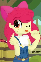 Size: 3666x5454 | Tagged: safe, artist:dtavs.exe, artist:shadowhawx, color edit, derpibooru import, edit, apple bloom, equestria girls, g4, ;p, adorabloom, bow, clothes, colored, cute, female, freckles, hair bow, high res, image, looking at you, monochrome, one eye closed, overalls, png, solo, solo female, tongue out, wink, winking at you