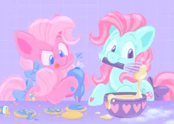 Size: 1761x1263 | Tagged: safe, artist:raystarkitty, derpibooru import, minty, pinkie pie (g3), earth pony, pony, g3, :p, :t, baking, blush lines, blushing, bow, bowl, closed mouth, cookie, cute, dough, duo, duo female, eyebrows, female, flour, food, frosting, hair bow, heart, heart mark, hoof hold, icing bag, image, indoors, lineless, mare, mouth hold, nose blush, pastel, png, raised eyebrow, sprinkles, stars, table, tail, tail bow, tied mane, tongue out, whisk