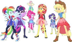 Size: 1849x1088 | Tagged: safe, derpibooru import, edit, edited edit, edited screencap, editor:pascalmulokozi2, screencap, applejack, fluttershy, pinkie pie, rainbow dash, rarity, sci-twi, sunset shimmer, twilight sparkle, human, cheer you on, equestria girls, g4, spoiler:eqg series (season 2), applejack's hat, background removed, bare shoulders, clothes, cowboy hat, dress, female, hat, humane five, humane seven, humane six, image, music video, my little pony equestria girls: better together, not a vector, png, ponied up, serious, simple background, sleeveless, smiling, sparkles, super ponied up, transparent background