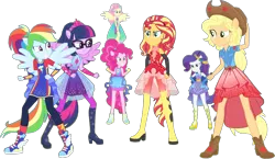 Size: 1879x1088 | Tagged: safe, derpibooru import, edit, edited edit, edited screencap, editor:pascalmulokozi2, screencap, applejack, fluttershy, pinkie pie, rainbow dash, rarity, sci-twi, sunset shimmer, twilight sparkle, human, cheer you on, equestria girls, g4, spoiler:eqg series (season 2), applejack's hat, background removed, bare shoulders, clothes, cowboy hat, dress, female, full body, hat, humane five, humane seven, humane six, image, music video, my little pony equestria girls: better together, not a vector, png, ponied up, serious, simple background, sleeveless, smiling, sparkles, super ponied up, transparent background