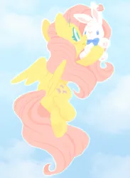 Size: 1109x1511 | Tagged: safe, artist:raystarkitty, derpibooru import, fluttershy, pegasus, pony, g4, blue sky, blushing, bowtie, bunny plushie, closed mouth, cloud, cute, day, eyebrows, eyebrows visible through hair, feathered wings, female, flying, full body, heart, hoof heart, hoof hold, image, lineless, looking at something, mare, outline, plushie, png, requested art, side view, sky, sky background, smiling, solo, underhoof, white outline, wings