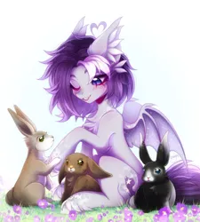 Size: 898x1000 | Tagged: safe, artist:kisaonya, derpibooru import, oc, unofficial characters only, pegasus, pony, rabbit, animal, chest fluff, image, jpeg, one eye closed, outdoors, partially open wings, signature, simple background, solo, unshorn fetlocks, white background, wings