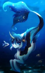 Size: 621x1000 | Tagged: safe, artist:kisaonya, derpibooru import, oc, unofficial characters only, merpony, pony, seapony (g4), blue mane, crepuscular rays, curved horn, cute, dorsal fin, eyeshadow, fin, fins, fish tail, flowing mane, flowing tail, horn, image, jpeg, lidded eyes, makeup, ocean, scales, seapony oc, signature, smiling, solo, sunlight, swimming, tail, underwater, water