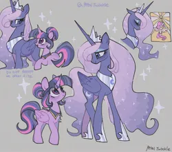 Size: 2047x1812 | Tagged: safe, artist:petaltwinkle, derpibooru import, princess celestia, princess luna, twilight sparkle, g4, alternate universe, duo, duo female, female, hair, horn, image, jpeg, long hair, long mane, purple body, purple fur, sparkles, swap, young celestia