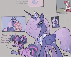 Size: 2048x1638 | Tagged: safe, artist:petaltwinkle, derpibooru import, princess celestia, princess luna, twilight sparkle, twilight sparkle (alicorn), oc, oc:fausticorn, alicorn, pony, g4, alternate universe, digital art, horn, image, jpeg, long hair, long mane, swap