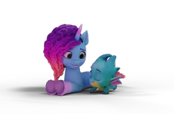 Size: 4217x2760 | Tagged: safe, artist:sunsetshimmersus, derpibooru import, sparky sparkeroni, dragon, pony, unicorn, g5, 3d, baby, baby dragon, blender, duo, duo male and female, female, horn, image, lying down, male, mare, misty brightdawn, png, prone, rebirth misty, simple background, transparent background